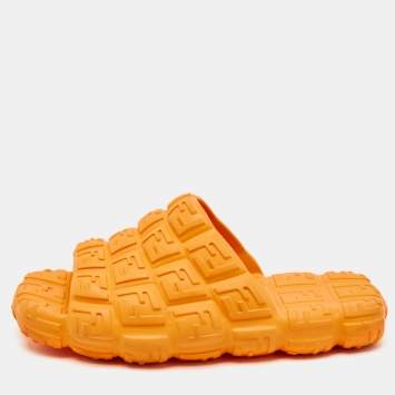Pre Owned Fendi Orange  Rubber Cloud Ff Logo Slide Sandals Size 42