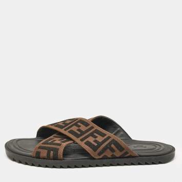 Pre Owned Fendi Brown/Black Zucca Canvas Crisscross Slide Sandals Size 42