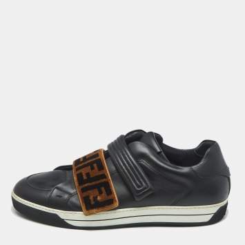  Fendi Black/Brown Zucca Velvet and Leather Low Top Sneakers Size 45