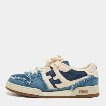 Pre Owned Fendi Blue/Cream Denim Fendi Match Lace Up Sneakers Size 42