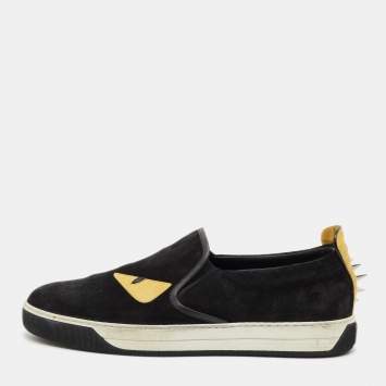 Pre Owned Fendi Black Leather and Suede Monster Low Top Sneakers Size 43