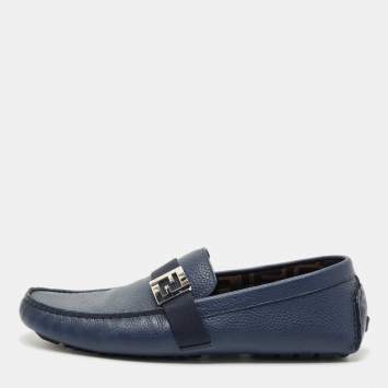 Pre Owned Fendi Navy Blue Leather FF Logo Slip On Loafers Size 43