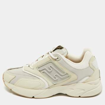 Pre Owned Fendi Beige Mesh and Nubuck Leather Lace Up Sneakers Size 42