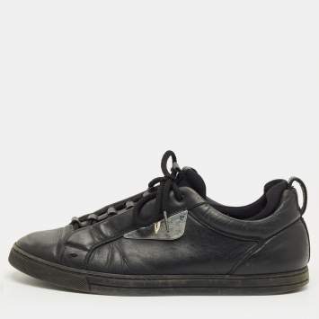 Pre Owned Fendi Black Leather and Fabric Monster Eye Mid Top Sneakers Size 43