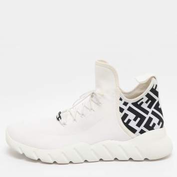 Pre Owned Fendi Size 42 White FF Knit Fabric Low Top Sneakers