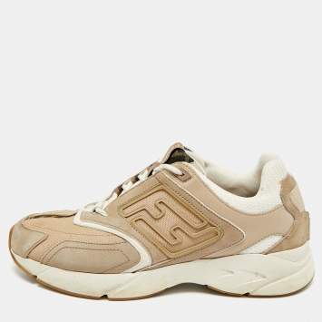 Pre Owned Fendi Faster Size 43 Cream Mesh and Nubuck Leather Lace Up Sneakers