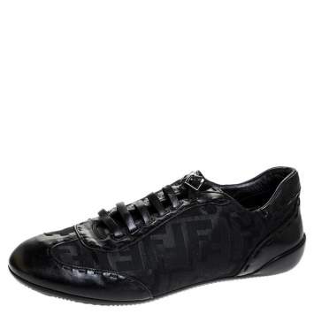Pre Owned Fendi Black Zucca Canvas and Leather Trim Lace Up Sneakers Size 40
