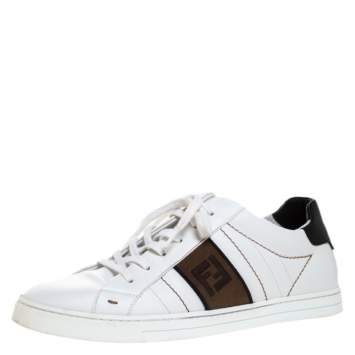 Pre Owned Fendi White Leather And FF Logo Lace Up Low Top Sneaker Size 40