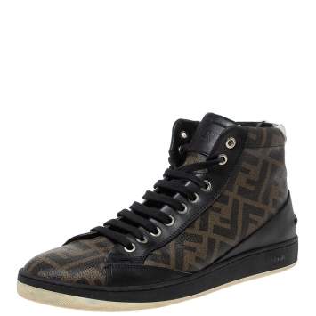 Pre Owned Fendi Black/Brown Zucca Coated Canvas And Leather Wimbledon High Top Sneakers Size 41