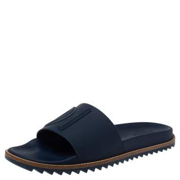 Pre Owned Fendi Blue Rubber Embossed Fendi Logo Slide Sandals Size 44