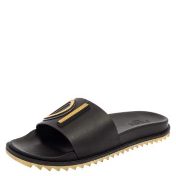 Pre Owned  Fendi Black Rubber Logo Print Slide Sandals Size 44