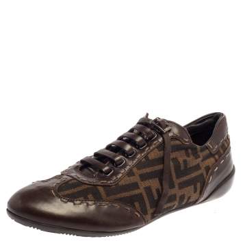 Pre Owned Fendi Zucca Canvas And Leather Trim Lace Up Sneakers Size 39.5