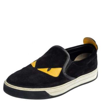 Pre Owned Fendi Black/Yellow Suede And Leather Monster Eye Slip On Sneakers Size 42
