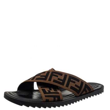 Pre Owned Fendi Brown Zucca Canvas Crisscross Slide Sandals Size 41