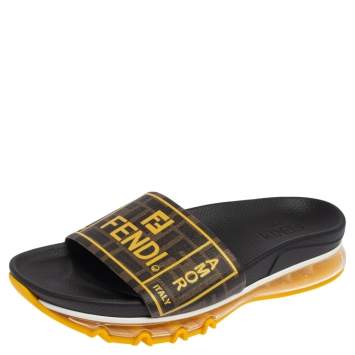 Pre Owned Fendi Tobacco/Yellow Zucca Coated Canvas Logo Slide Sandals Size 42