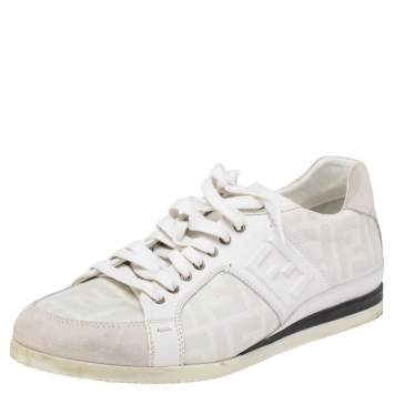 Pre Owned Fendi White/Grey Zucca Coated Canvas and Suede FF Sneakers Size 42