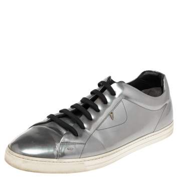 Pre Owned Fendi Silver Patent Leather Low Top Sneakers Size 45