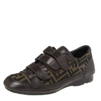 Pre Owned Fendi Tobacco Zucca Canvas And Leather Velcro Strap Sneakers Size 41