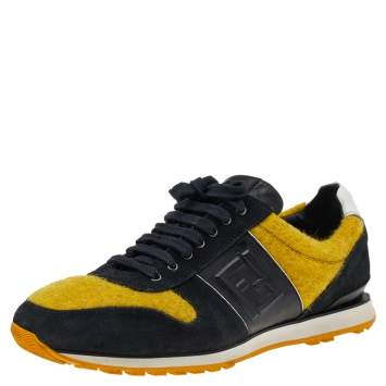 Pre Owned Fendi Black/Yellow Leather And Tweed FF Logo Band Lace up Sneakers Size 41.5