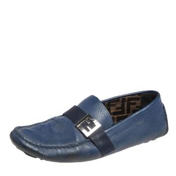 Pre Owned Fendi Blue Leather Slip On Loafers Size 42