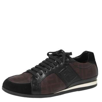 Pre Owned Fendi Black/Burgundy Zucca Canvas and Leather Low Top Sneakers Size 41.5