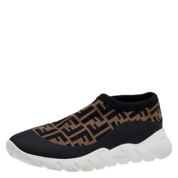 Pre Owned Fendi Brown/Black Zucca Knit Fabric Slip On Sneakers Size 43
