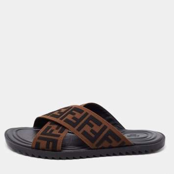 Pre Owned Fendi Brown Zucca Canvas Crisscross Slide Sandals Size 41