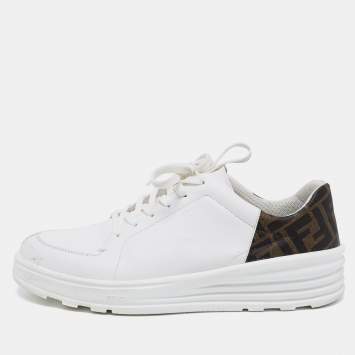 Pre Owned Fendi White/Brown Zucca Coated Canvas And Leather Low Top Sneakers Size 42
