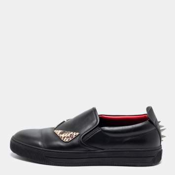 Pre Owned Fendi Black Python And Leather Trim Monster Spikes Slip On Sneakers Size 41