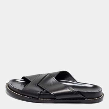 Pre Owned Fendi Black Leather Criss Cross Slide Sandals Size 43.5
