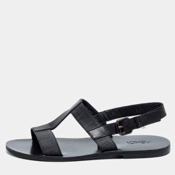 Pre Owned Fendi Black Leather/Canvas Logo Flat Sandals Size 41.5