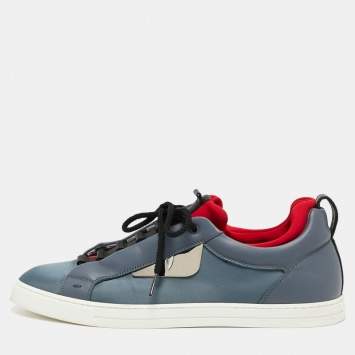 Pre Owned Fendi Red/Grey Leather And Fabric  Rockoko Low Top Sneakers Size 42 