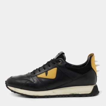 Pre Owned Fendi Black/Yellow Leather And Suede Monster Studded Sneakers Size 40