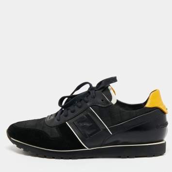 Pre Owned Fendi Black/Yellow Leather, Suede and Printed Fabric Low Top Sneakers Size 42.5