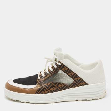 Pre Owned Fendi Tri Color Zucca Leather and Mesh Low Top Sneakers Size 44