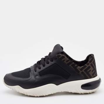 Pre Owned Fendi Black/Brown Leather and Zucca Fabric Low Top Sneakers Size 42