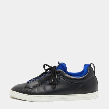 Pre Owned Fendi Black/Blue Leather and Neoprene Monster Trainer Low Top Sneakers Size 43