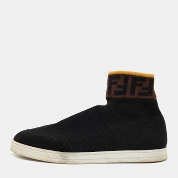 Pre Owned Fendi Black Suede and Knit Fabric Zucca Print High Top Sneakers Size 41.5