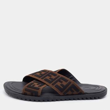 Pre Owned Fendi Brown/Black Zucca Canvas Crisscross Slide Sandals Size 41