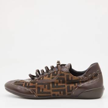Pre Owned Fendi Brown Zucca Canvas and Leather Trim Lace Up Sneakers Size 45