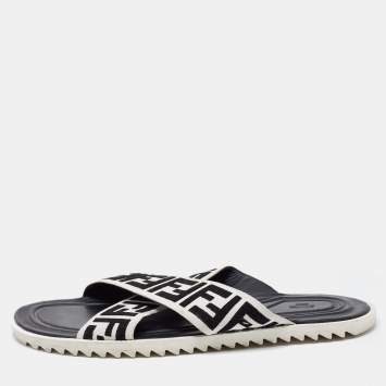 Pre Owned Fendi White/Black Zucca Canvas Crisscross Slides Size 46