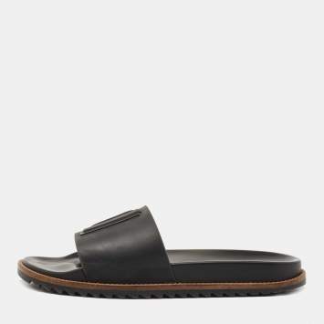 Pre Owned Fendi Black Rubber Logo Flat Slides Size 43