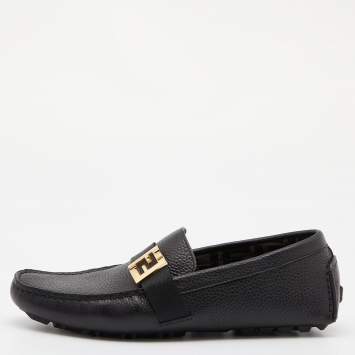 Pre Owned Fendi Black Leather FF Logo Slip On Loafers Size 40