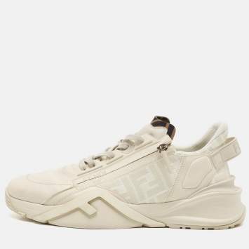 Pre Owned Fendi Tow Tone Leather and Zucca Canvas Flow Sneakers Size 45