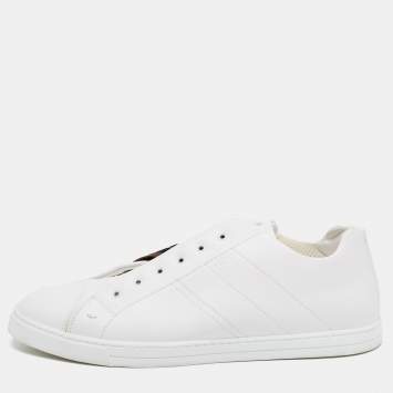 Pre Owned Fendi White/Brown Leather and Zucca Elastic Band Slip On Sneakers Size 45