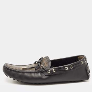 Pre Owned Fendi Black/Brown Leather and Zucca Canvas Bow Loafers Size 44