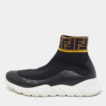 Pre Owned Fendi Brown/Black Knit Fabric FF Sock High Top Sneakers Size 43