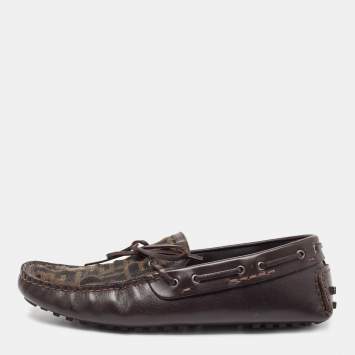 Pre Owned Fendi Brown Zucca Canvas and Leather Bow Loafers Size 40