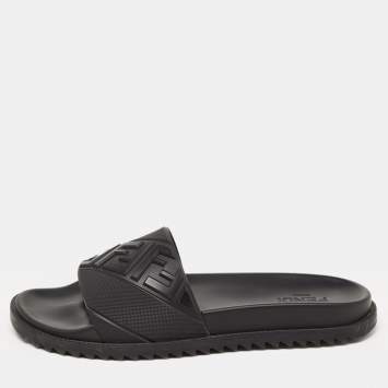 Pre Owned Fendi Black Rubber Embossed FF Logo Slides Size 46