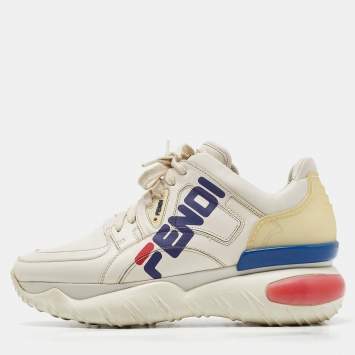 Pre Owned Fendi Off White Leather and Rubber Fendi Fila Mania Sneakers Size 39